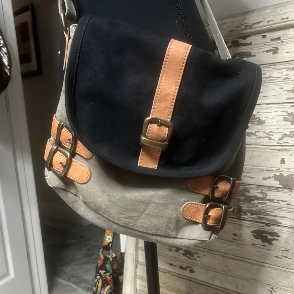 Mona B Black and Tan Crossbody Bag with Leather Accents